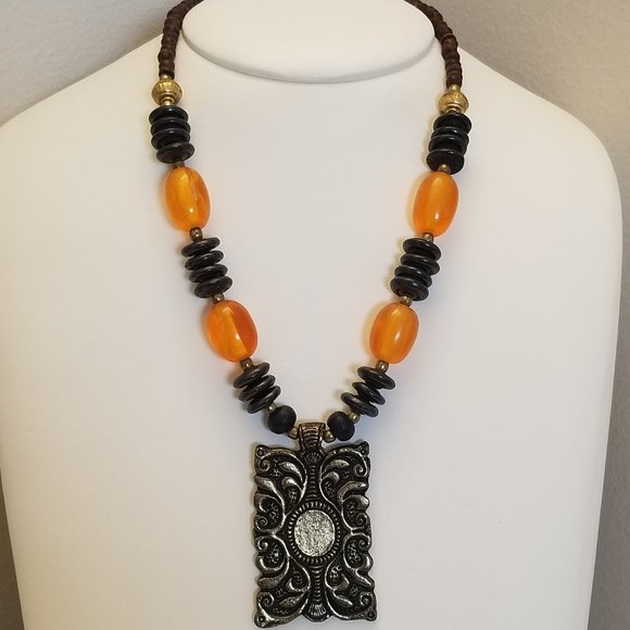 Jewelry - Orange and Black Necklace with Striking Pendant